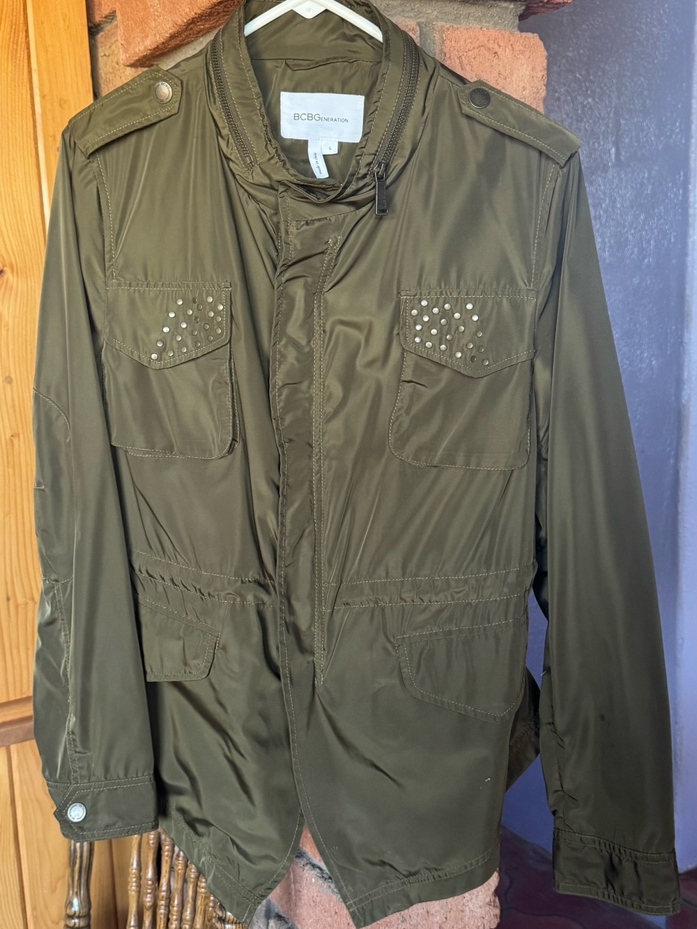 BCBGMaxAzria Olive Green Utility Jacket with Studded Pockets Like New!